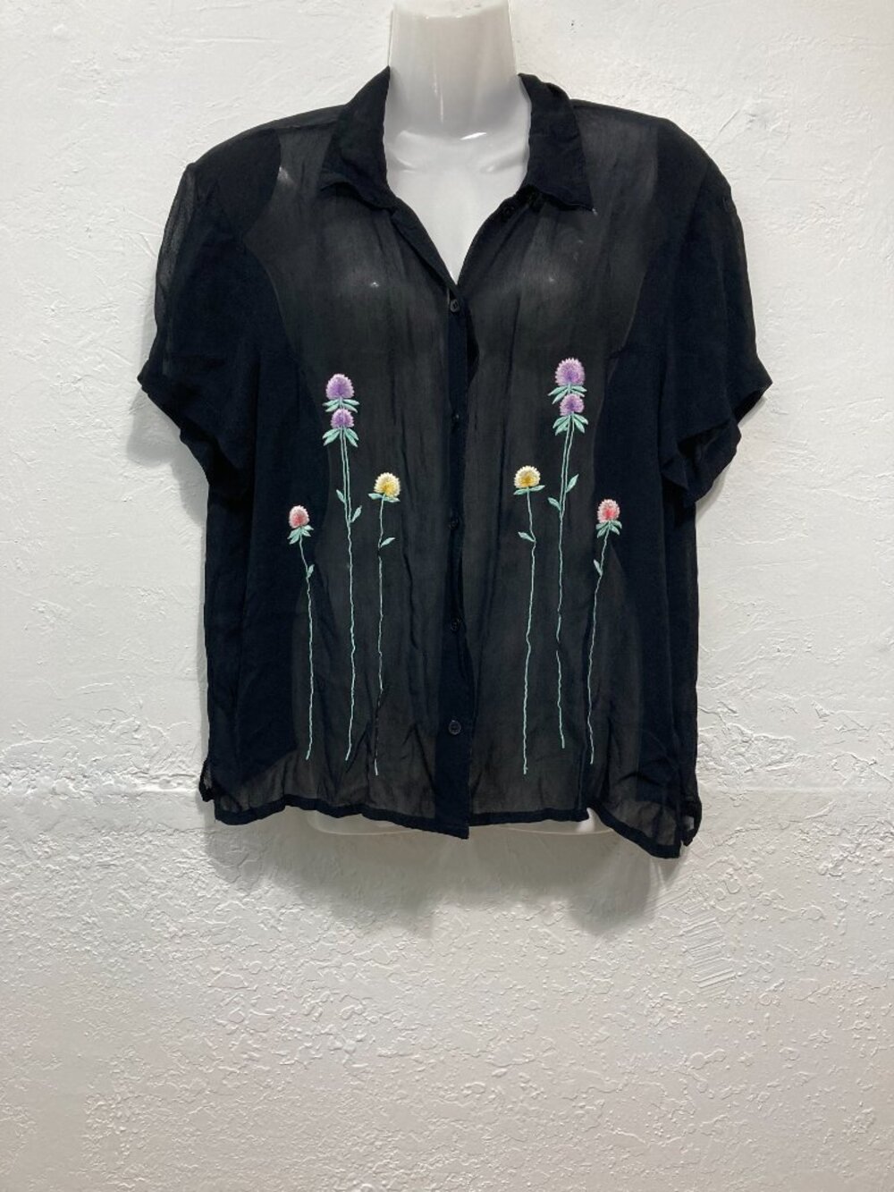 Vintage Y2K Nash Sheer Short Sleeve Button Front Top C-Thru Black Whimsigoth L